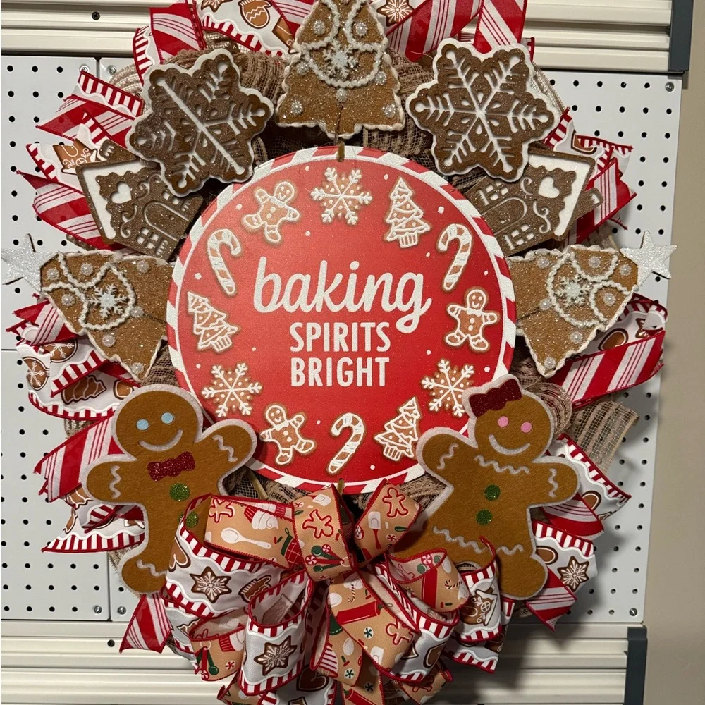 Festive Gingerbread Holiday Wreath - Red and Brown